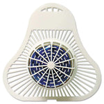 Top view of a white tri-lobed plastic urinal screen with a blue deodorizer block visible in the center