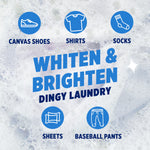Graphic with bubble background showing icons for shoes, shirts, socks, sheets and pants with text 'Whiten & Brighten dingy laundry'
