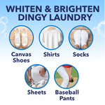 Graphic circles showing canvas shoes, a white shirt, socks, sheets and baseball pants with whitening claim