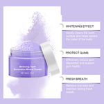 Open jar of purple whitening powder with powder burst background and three infographic panels describing whitening, gum protection, and fresh breath