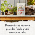 Lifestyle photo of Whitney Farms fertilizer bag on a potting bench with plant pots, gloves and gardening tools