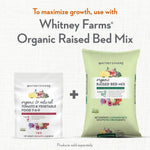 Promotional graphic showing Whitney Farms tomato food bag next to a bag of organic raised bed mix with a plus sign
