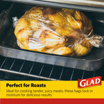 Whole chicken cooking inside a tied clear oven bag on a roasting pan, Glad logo and product benefit text below