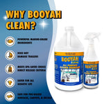 Informational panel titled ‘Why Booyah Clean?’ showing a gallon and spray bottle alongside bulleted product benefit icons.