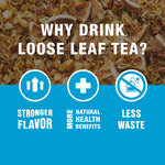 Graphic panel reading 'Why drink loose leaf tea?' over a background of loose tea with icons for flavor, health, and waste