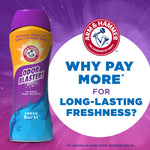 Arm & Hammer Odor Blasters bottle at left with brand logo and large text asking "Why pay more for long-lasting freshness?" on purple background