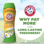 Arm & Hammer Clean Scentsations bottle on a field background with the brand logo and headline asking why pay more for long-lasting freshness.