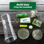 Disassembled WHY trap components and attractant tubes laid out on a wooden surface with 'refill only' label