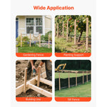 Four application photos showing stakes used as gardening fence, planting support, construction use, and silt fence