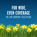 Blue graphic with daffodils and text promoting wide, even coverage on low-growing vegetation