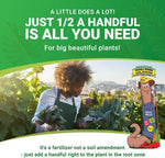 Promotional graphic showing gardener harvesting greens with text “Just 1/2 a handful is all you need” and Wiggle Worm mascot.