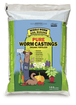 Bag of Wiggle Worm Pure Worm Castings organic fertilizer with colorful branded label and mascot illustration.