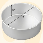 Perspective view of a silver 8-inch round aluminum cake pan with 3" depth and dimension arrows overlaid