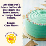 Promotional image with teal-frosted cake and text explaining anodized aluminum won’t interact with acidic ingredients.