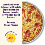 Close-up of a pizza on a silver pan paired with text about anodized aluminum not interacting with acidic ingredients