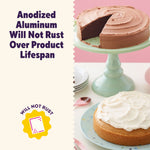 Marketing graphic with two frosted cakes and text stating anodized aluminum will not rust over product lifespan, plus icon.