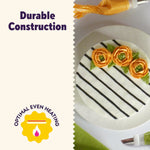Half image showing a decorated cake and piping bag next to text highlighting durable construction and even heating