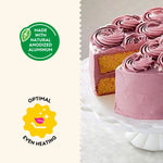 Feature graphic showing a frosted pink cake on a white pedestal with badges for natural anodized aluminum and even heating.