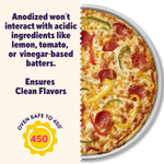 Half pizza on an aluminum round pan with text about anodized pans and oven safety to 450°