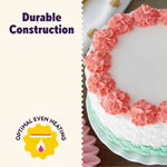 Decorated layer cake close-up used in a promotional panel highlighting durable construction