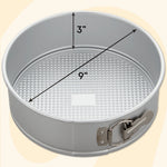Aluminum springform pan shown with measurements overlay indicating 9" diameter and 3" depth