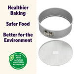 Disassembled springform pan ring and textured base shown separately with text promoting healthier baking