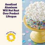 Decorated frosted cake on a yellow cake stand beside copy stating anodized aluminum will not rust over product lifespan