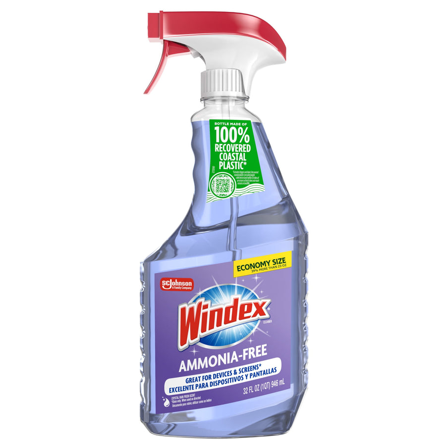 Front view of a Windex Ammonia-Free spray bottle with purple liquid and product label