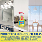 Windex spray bottle staged in a triptych of bathroom, kitchen and dining scenes with usage copy for high-touch areas