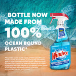 Windex Original spray bottle on a beach background with large text proclaiming the bottle is now made from 100% ocean bound plastic.