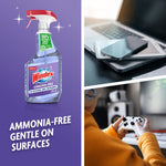 Windex ammonia-free bottle on purple panel beside photos of stacked devices and a person gaming, promoting gentle surface cleaning