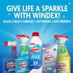 assorted windex products including outdoor cleaner, original spray, fast shine foam, electronics wipes, and multisurface spray on a blue background