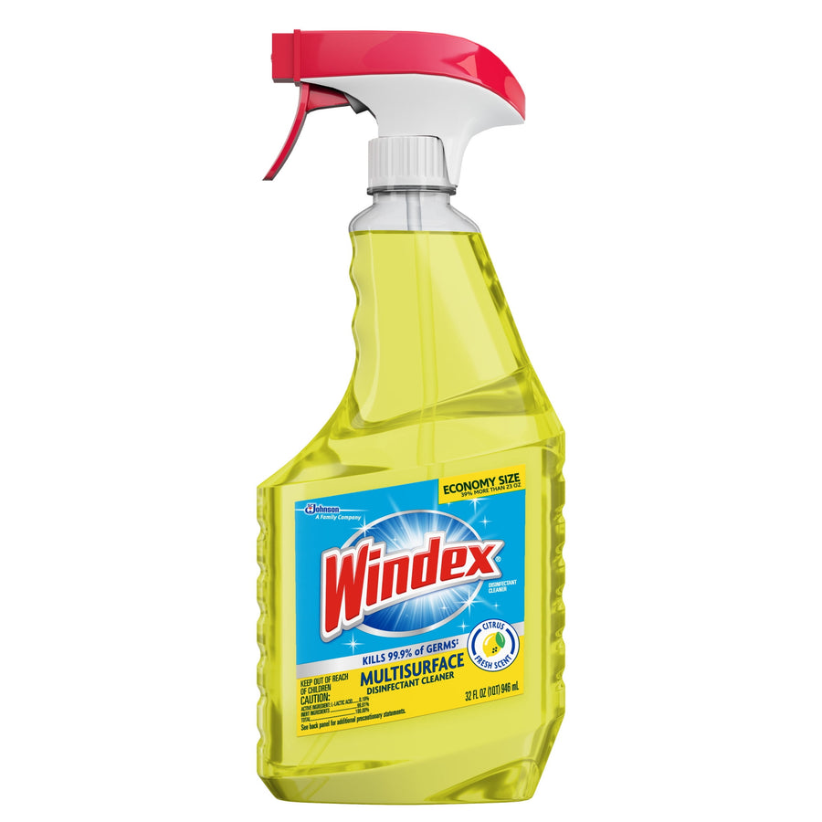 Front view of a Windex multisurface citrus spray bottle with yellow liquid and red trigger, labeled Windex on blue panel