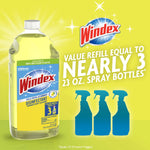 Windex citrus refill bottle on a bright yellow background with logo and graphic showing equal to nearly three 23 oz spray bottles.