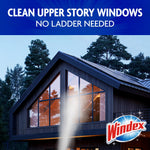 Nighttime house with upper-story windows being cleaned by a spray stream and headline 'Clean upper story windows no ladder needed'