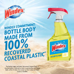 windex disinfectant spray bottle on sand with message about 100% recovered coastal plastic; label shows 23 fl oz