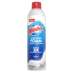 Windex Fast Shine Foam aerosol can with red cap and blue label reading “Fast Shine Foam” on white background