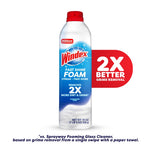 Windex Fast Shine Foam aerosol can on white background with blue label and red cap, 2X grime removal callout