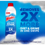 Windex Fast Shine Foam can against a blue bubbly background with large text reading removes 2X more dirt & grime in one swipe