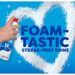 Spray can creating foamy heart shape on blue background with large text reading FOAM-TASTIC streak-free shine