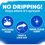 Blue infographic panel with icons and text: No Dripping, Fast Shine Foam, Twist & Lock Cap, and Fresh Clean Scent