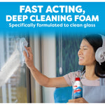 Person cleaning a window with a cloth and Windex Fast Shine Foam can visible, headline reads fast acting, deep cleaning foam