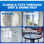 Grid of four photos showing mirrors, windows, glass shower and glass furniture with text clings & cuts through dirt & grime fast