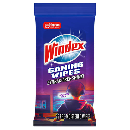 Front-facing pack of Windex Gaming Wipes with purple-blue gaming artwork and Windex logo on resealable pouch.