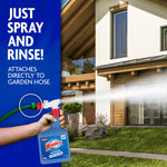 Image showing hose-attached Windex spray nozzle rinsing a modern house facade with text 'Just spray and rinse! Attaches directly to garden hose'