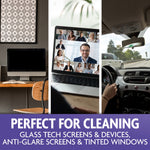 Triptych lifestyle image showing home office, laptop video call, and car interior with text highlighting cleaning screens and tinted windows