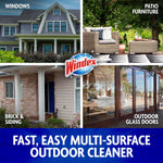 Four-panel collage of windows, patio furniture and siding with Windex logo and multi-surface claim