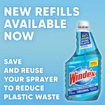 Promotional graphic on blue background showing a Windex refill bottle and text encouraging refills to save and reuse your sprayer.