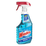 Windex Original blue spray bottle with red trigger on white background showing product label and clear liquid inside the bottle.