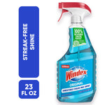 Blue Windex Original spray bottle with red trigger and label reading 'Windex Original' on white background with streak-free shine callout.